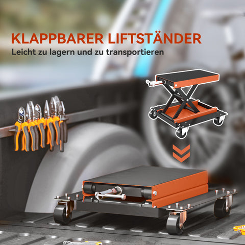 Rootz Motorcycle Lifter - Motorbike Hoist - Bike Jack - 500kg Capacity - Steel Construction - Adjustable 135-390mm - Orange