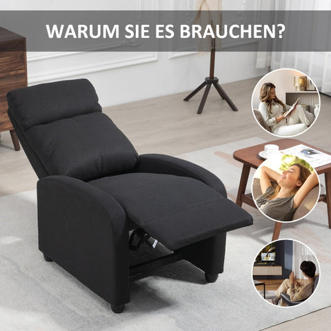 Rootz Reclining Chair - TV Chair - Cinema Chair - Cable Handle for Full Lying Position - Luxurious Padded Armrests - Linen-Polyester Fabric - Robust Steel Construction - Black - 69W x 156.5D x 74H cm
