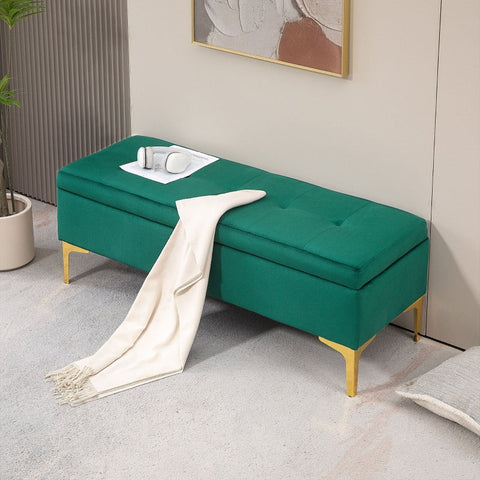 Rootz Green Velvet Storage Bed Bench - Entryway Bench - Upholstered Bench - Button Tufted Design - Gold Legs - 120cm x 44cm x 44.5cm
