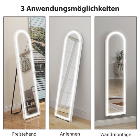 Rootz Full Length Mirror with LED Lights - Dressing Mirror - Vanity Mirror - Dimmable Lighting - Arch Shaped - White - 150 x 40 cm