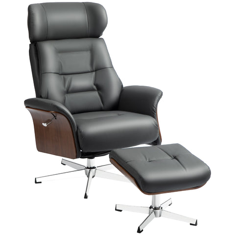 Rootz Relaxation Chair with Stool - Reclining Swivel Chair - Leather Look Armchair - 360° Rotation - 80W x 84D x 108H cm