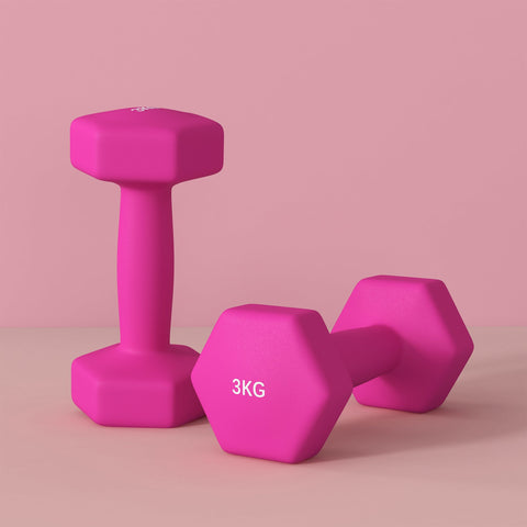 Rootz 2 x 3kg Dumbbell Set - Hand Weights - Exercise Weights - Floor-Friendly - 18x8x8cm - Hexagonal Design - Non-Slip Handles - Pink