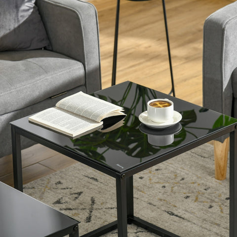 Rootz Set of 2 Side Tables - Coffee Tables - Living Room Tables - Modern Design - Space-Saving Stackable Feature - Durable Steel and Tempered Glass - 50cm x 50cm x 52cm & 42cm x 42cm x 42cm - Black