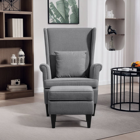 Rootz Wing Chair with Foot Stool - Upholstered Armchair - Comfortable High Backrest - 75cm x 83cm x 104cm - Elegant Grey Linen-Like Fabric