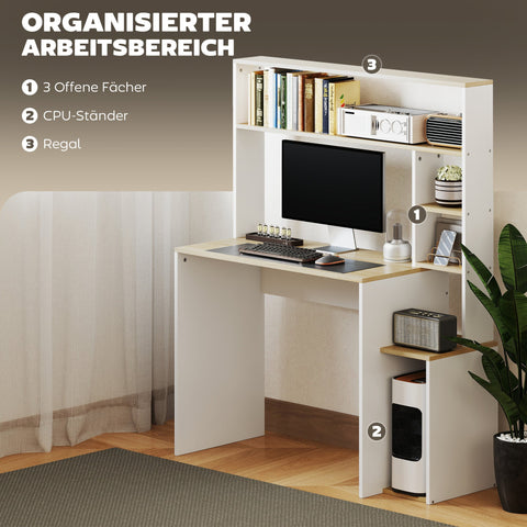 Rootz Computer Table Desk - Workstation - Office Table - Efficient Storage - Brown +White - 113cm x 45cm x 138.5cm