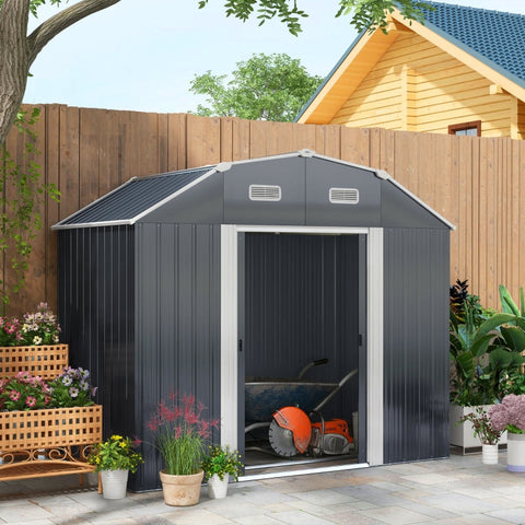 Rootz Garden Shed - Tool Shed - Storage Shed - Weather Resistant - 2 Windows - 2 Doors - 238cm x 132cm x 198.5cm - Dark Gray - Galvanized Steel
