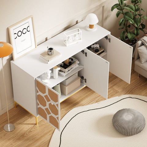 Rootz 3 Door Sideboard Cabinet - Storage Unit - Rattan Buffet - Adjustable Shelves - Stylish Gold Feet - 120L x 40W x 71.5H cm