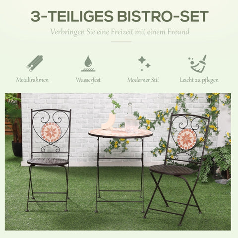 Rootz 3 Piece Bistro Set - Balcony Furniture - Outdoor Patio Set - Mosaic Design - Foldable & Water-Resistant - 61cm x 70cm Table, 39cm x 52cm x 90.5cm Chairs