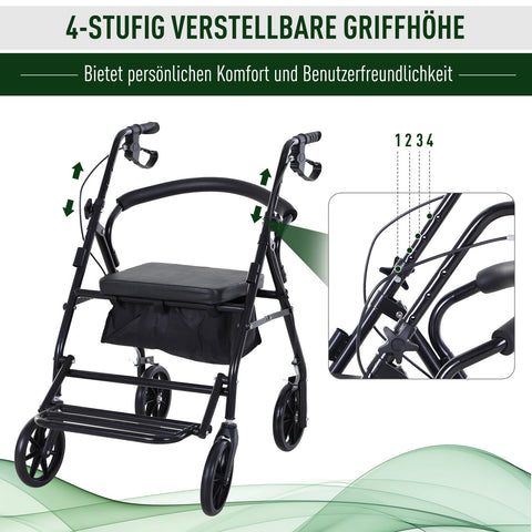 Rootz Rollator with Chair - Foldable Walker - Mobility Aid - Adjustable Height - 57.5cm x 87cm x 82-90cm