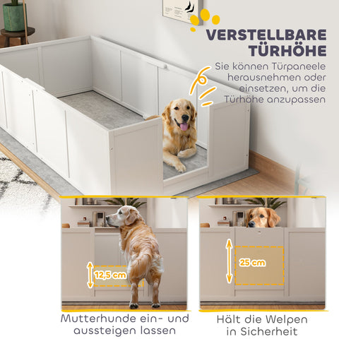Rootz Dog Litter Box - Whelping Box - Puppy Run - Adjustable Entrances - Pine & MDF - 196 x 96 x 48 cm - White