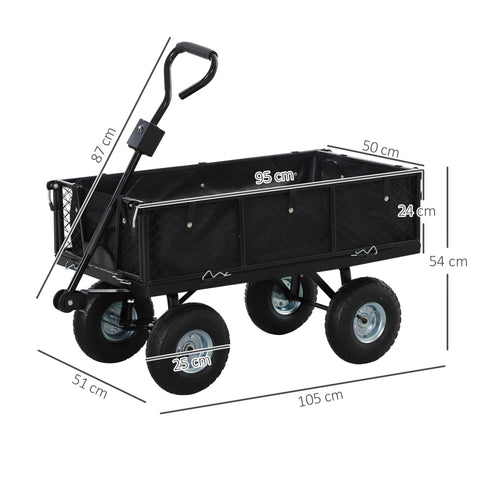Rootz Garden Car - 4-Wheel Trolley - Steel Wagon - Removable Sides - 300kg Load - 105x51x54cm, 25cm Wheels, Rotatable Handle