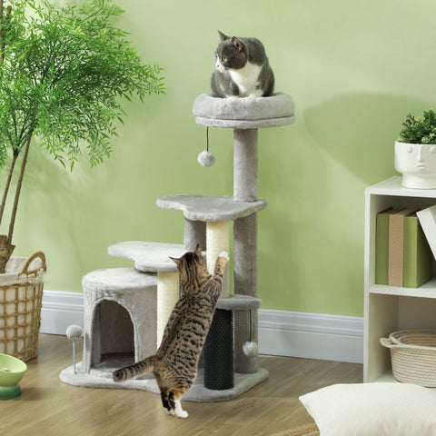 Rootz Cat Tree Activity Center - Cat Condo - Scratching Post - Play Balls - Plush Cozy Bed - Chipboard - Sisal - 60cm x 39cm x 87cm