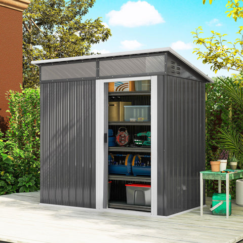 Rootz Garden Shed - Tool Shed - Equipment House - Waterproof Steel - Weatherproof - 1.95m x 1.22m x 1.59/1.82m - Grey