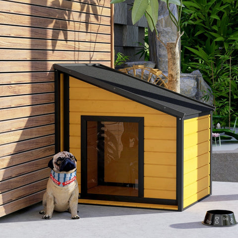 Rootz Wooden Dog House - Pet Shelter - Canine Abode - Hinged Roof - 71cm x 58cm x 53/77cm