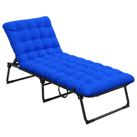 Rootz Sun Lounger - 4-way Adjustable Backrest - Foldable - Magazine Compartment - Pillow - Dark Blue - 70cm x 190cm x 32cm