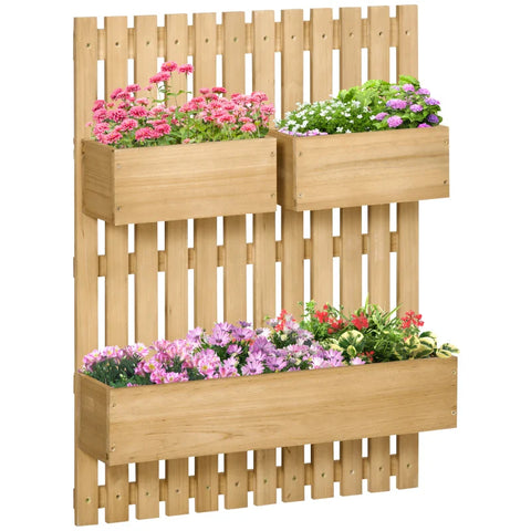 Rootz Wall-mounted Wooden Garden Planters with Trellis - Drainage Holes - 3 Movable Planter Boxes - Wall Raised Garden Bed for Patio - Natural - 60 x 16 x 80 cm