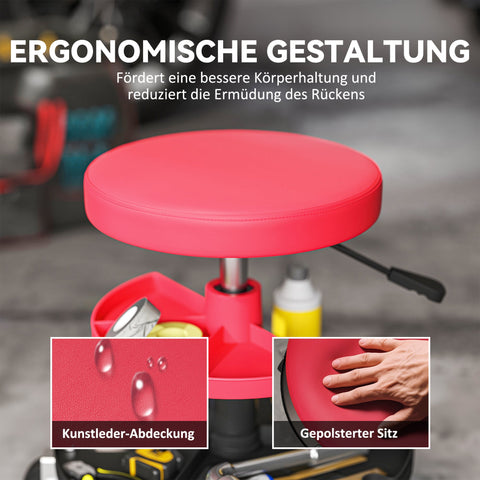 Rootz Workshop Stool - Garage Seat - Mechanic Chair - Height Adjustable - Resilient Up to 135kg - 40-51cm - Red