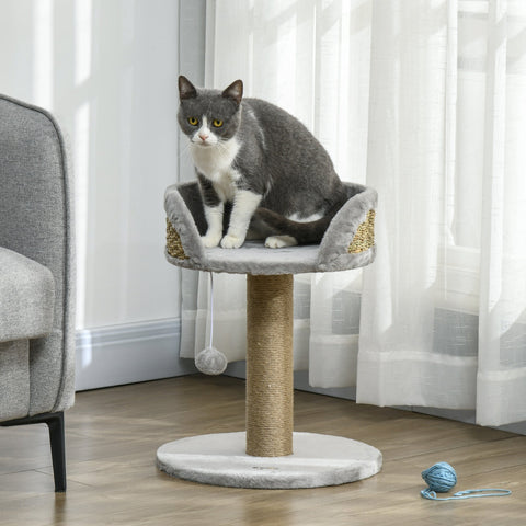 Rootz Scratching Tree Cat Bed - Cat Basket - Play Ball - Soft Plush Comfort - 40cm x 40cm x 49cm - Grey, Brown