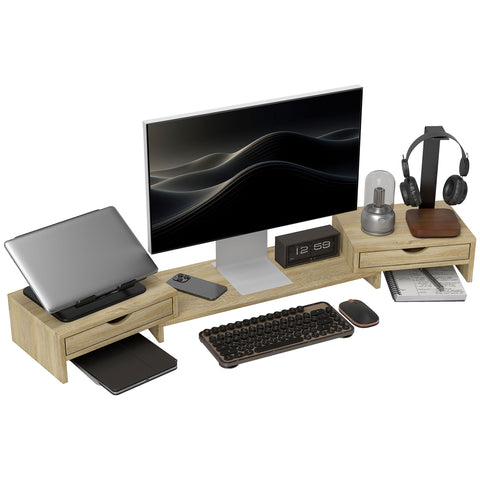 Rootz Monitor Stand - PC Desk Organizer - Screen Riser - Ergonomic Design - 60-116cm Adjustable - Dual Drawers - Brown