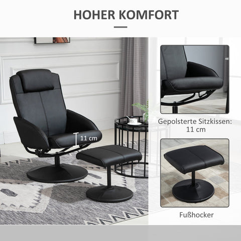 Rootz Relaxation Armchair with Foot Stool - Lounge Chair - Ergonomic Recliner - Synthetic Leather - Black - 78cm x 52cm x 98cm