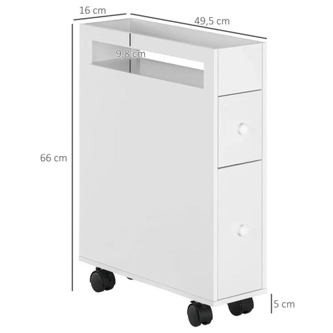 Rootz Bathroom Cabinet - Slim Design - Rolling Cabinet - Two Drawers - Four Wheels - MDF Frame - White - 16L x 49.5W x 66H cm