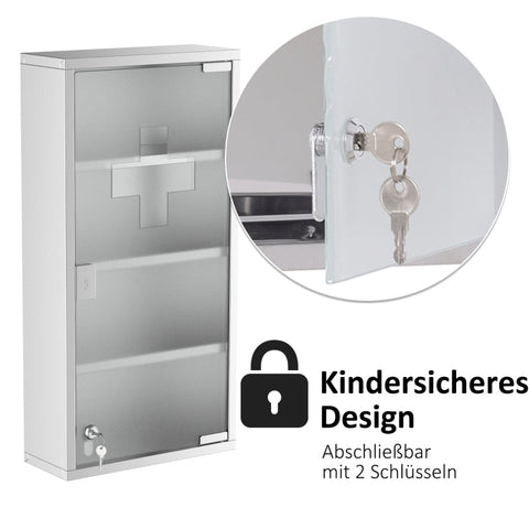 Rootz Medicine Cabinet - First Aid Storage - Secure & Durable - Stainless Steel - 30cm x 12cm x 60cm