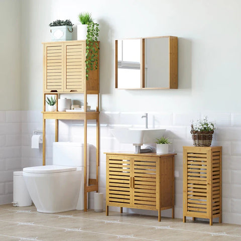 Rootz Bathroom Cabinet - Slatted Door - Adjustable Shelf - Natural Bamboo - 30x19.9x70 cm