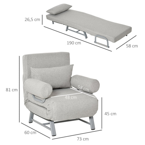 Rootz Convertible Sleep Sofa Chair - Armchair - Lying Chair - Maximum Comfort - Grey - 73x60x81cm, 190x58x26.5cm
