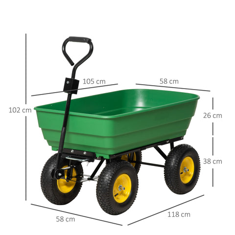 Rootz Hand Garden Trolley - Dump Cart - Yard Wagon - Tilting 75° - 125L, 200kg Load - 118cm x 58cm x 102cm - Convenient Transport