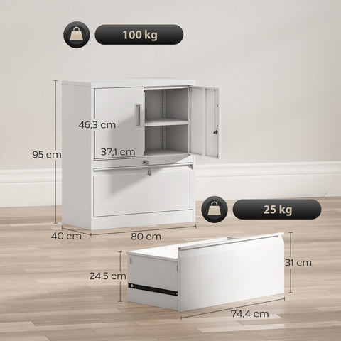 Rootz Filing Cabinet - Office Cabinet - Steel Storage Locker - Lockable Organizer - Secure Storage - White - 80 x 40 x 95 cm