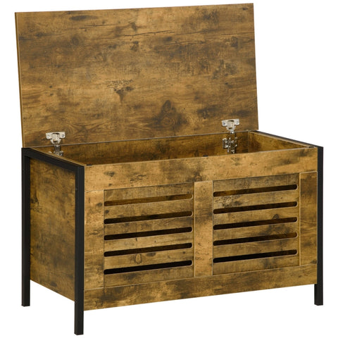 Rootz Industrial Design Wooden Chest Sideboard - Storage Cabinet - Hallway Bench - Rustic Wood Grain - Steel Frame - Slatted Doors - 80cm x 40cm x 49cm