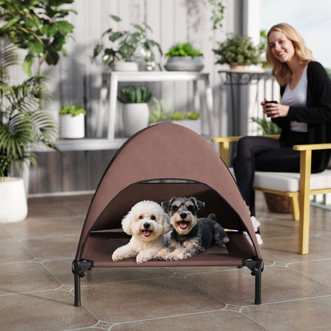 Rootz Outdoor Elevated Dog Bed - Canopy Lounger - Elevated Pet Cot - Sun Protection - 76cm x 61cm x 71cm - Brown