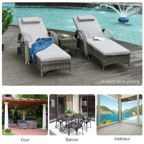 Rootz 2 Sun Loungers Set - Recliners - Outdoor Daybeds - Multi-Position Comfort - 200cm x 73cm x 30103cm + Coffee Table with Glass