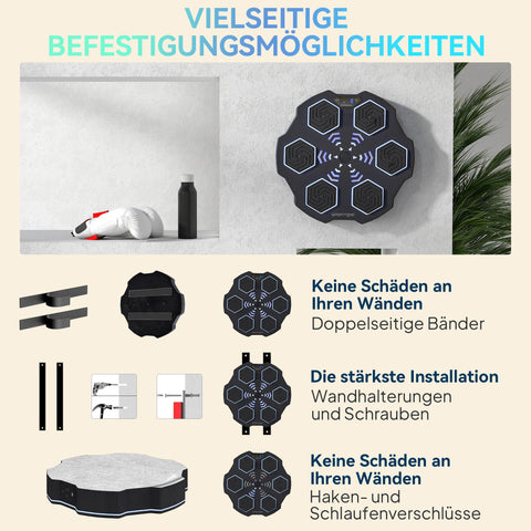 Rootz Music Boxing Machine - Bluetooth Boxing Device - Wall Mounting - 9 Speeds & Modes - LED Lights - Black- 44cm x 44cm x 8cm