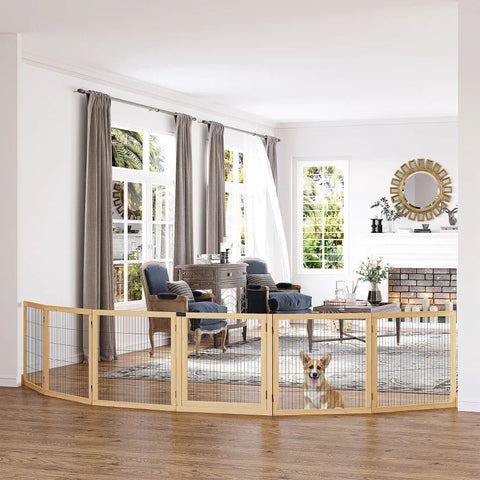 Rootz Pet Gate for Dogs - Pine Wood - Freestanding Dog Safety Barrier  - Two Support Feet - Foldable - Natural - 432 x 36 x 70 cm
