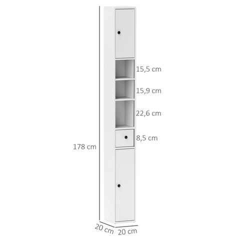 Rootz High Slim Bathroom Cabinet - Storage Organizer - Space Saver - Maximizes Space - 20cm x 20cm x 178cm, White