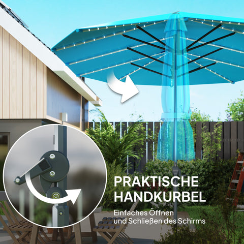 Rootz Double Umbrella - Terrace Sunshade - Blue Parasol - Solar Lights, UV-Resistant, UPF50+ Protection - 451cm x 267cm x 249cm