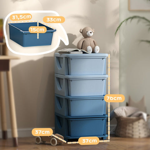 Rootz Storage Box - Children's Toy Organizer - Plastic Drawer Unit - Blue - 37cm x 37cm x 76cm - Rounded Edges for Safety