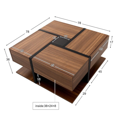 Rootz Modern Coffee Table - Stylish Centerpiece - Square Table - Versatile Storage - 78L x 78W x 36H cm