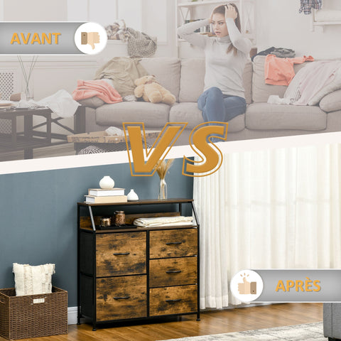 Rootz Chest of Drawers - Storage Cabinet - Bedroom Furniture - 5 Foldable Fabric Drawers - 83.5 x 29 x 87 cm - Industrial Style - Stable & Secure