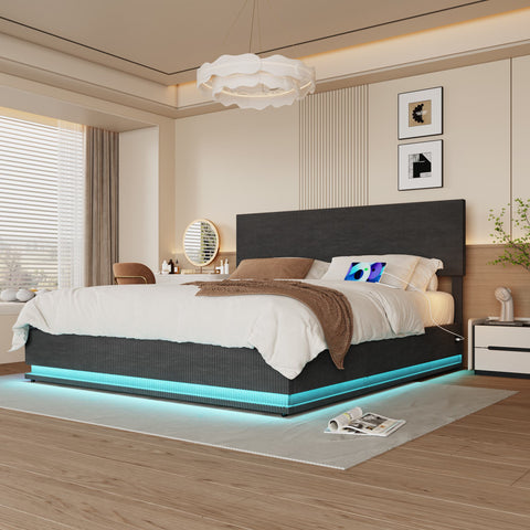 Rootz Velvet Double Bed Frame - Storage Bed - Upholstered Bed - USB Charging & LED Lights - 211cm x 173cm x 113cm