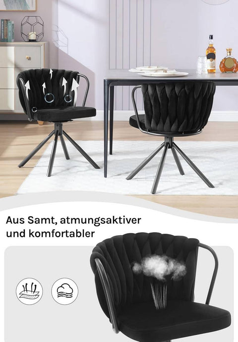 Rootz Dining Chair Set of 2 - Kitchen Chairs - Upholstered & Swivel Chairs - Velvet Seat - Comfortable 360° Rotation - 65 x 74.5 x 62.5 cm - Black