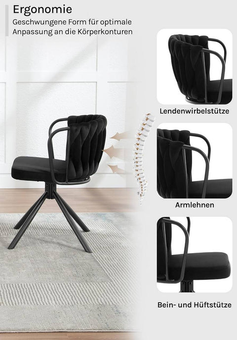 Rootz Dining Chair Set of 2 - Kitchen Chairs - Upholstered & Swivel Chairs - Velvet Seat - Comfortable 360° Rotation - 65 x 74.5 x 62.5 cm - Black