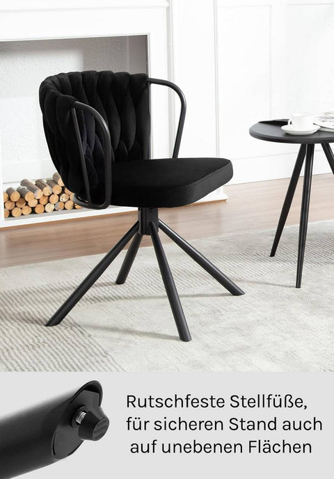 Rootz Dining Chair Set of 2 - Kitchen Chairs - Upholstered & Swivel Chairs - Velvet Seat - Comfortable 360° Rotation - 65 x 74.5 x 62.5 cm - Black