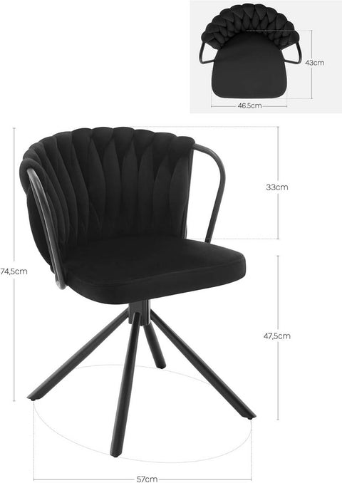 Rootz Dining Chair Set of 2 - Kitchen Chairs - Upholstered & Swivel Chairs - Velvet Seat - Comfortable 360° Rotation - 65 x 74.5 x 62.5 cm - Black