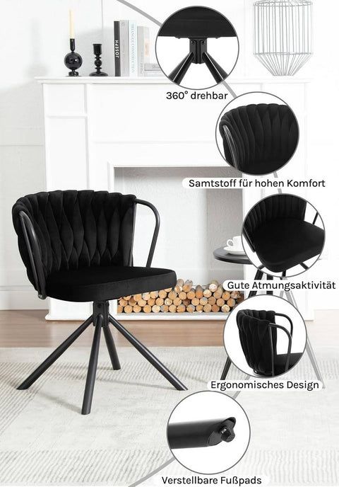 Rootz Dining Chair Set of 2 - Kitchen Chairs - Upholstered & Swivel Chairs - Velvet Seat - Comfortable 360° Rotation - 65 x 74.5 x 62.5 cm - Black