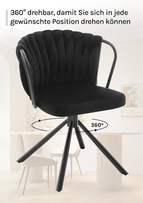 Rootz Dining Chair Set of 2 - Kitchen Chairs - Upholstered & Swivel Chairs - Velvet Seat - Comfortable 360° Rotation - 65 x 74.5 x 62.5 cm - Black