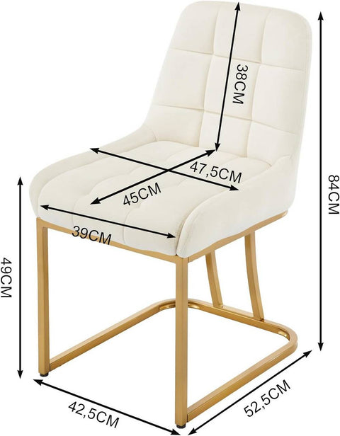 Rootz 2 Piece Set Dining Chairs - Kitchen Chair - Upholstered Chair - Ergonomic Metal Frame - White- Velvet - 84cm x 39cm x 45cm