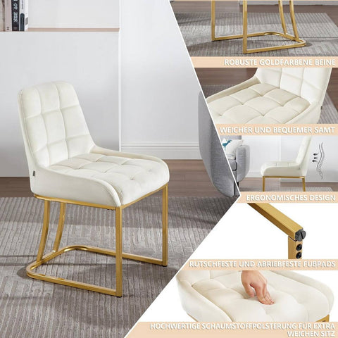 Rootz 2 Piece Set Dining Chairs - Kitchen Chair - Upholstered Chair - Ergonomic Metal Frame - White- Velvet - 84cm x 39cm x 45cm