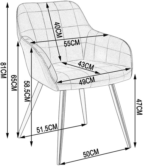 Rootz Set van 2 Eetkamerstoelen - Fauteuils - Comfortstoelen - Ergonomisch ontwerp, duurzame constructie, eenvoudige montage - Linnen en metaal - 49 cm x 43 cm